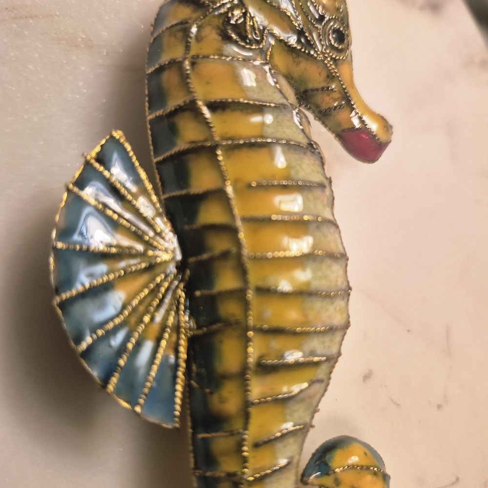 Pottery Barn Colorful Seahorse Christmas  Ornament Yellow Blue Enamel Cloisone - Picture 2 of 7
